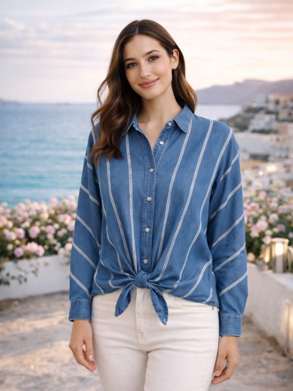 NWT Jennifer Lopez Blue and White Casual Button Down Shirt Chambray Tie Front